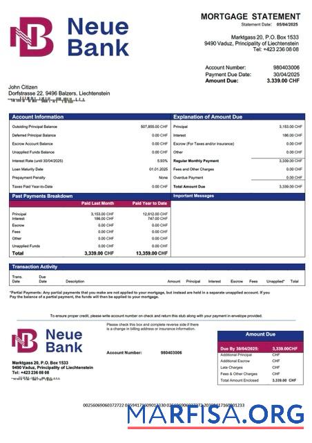 Blank Liechtenstein Neue Bank mortgage statement Word and PDF template